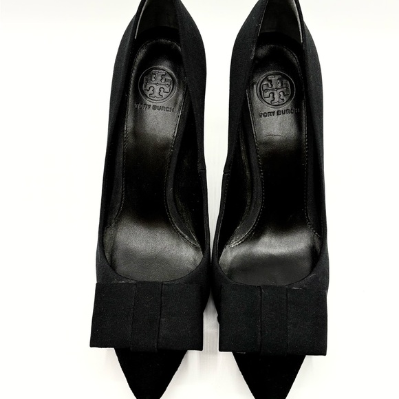 Tory Burch 8M Black Suede Bow Pumps – Classic Pointed Toe Heels, Leather Sole - Picture 6 of 9